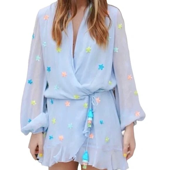 Rococo Sand Georgette Sequin Star Blue Mini Dress Size XL - Picture 4 of 13